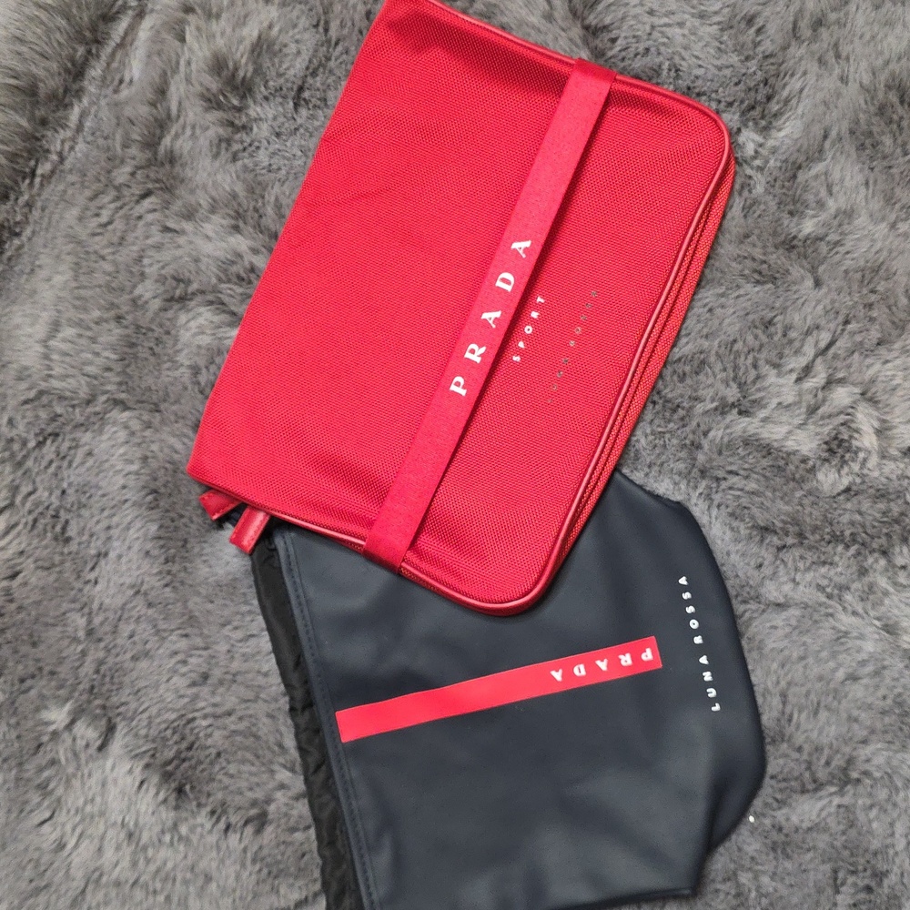Prada Black Toiletry Bag with Red Stripe Unisex Travel